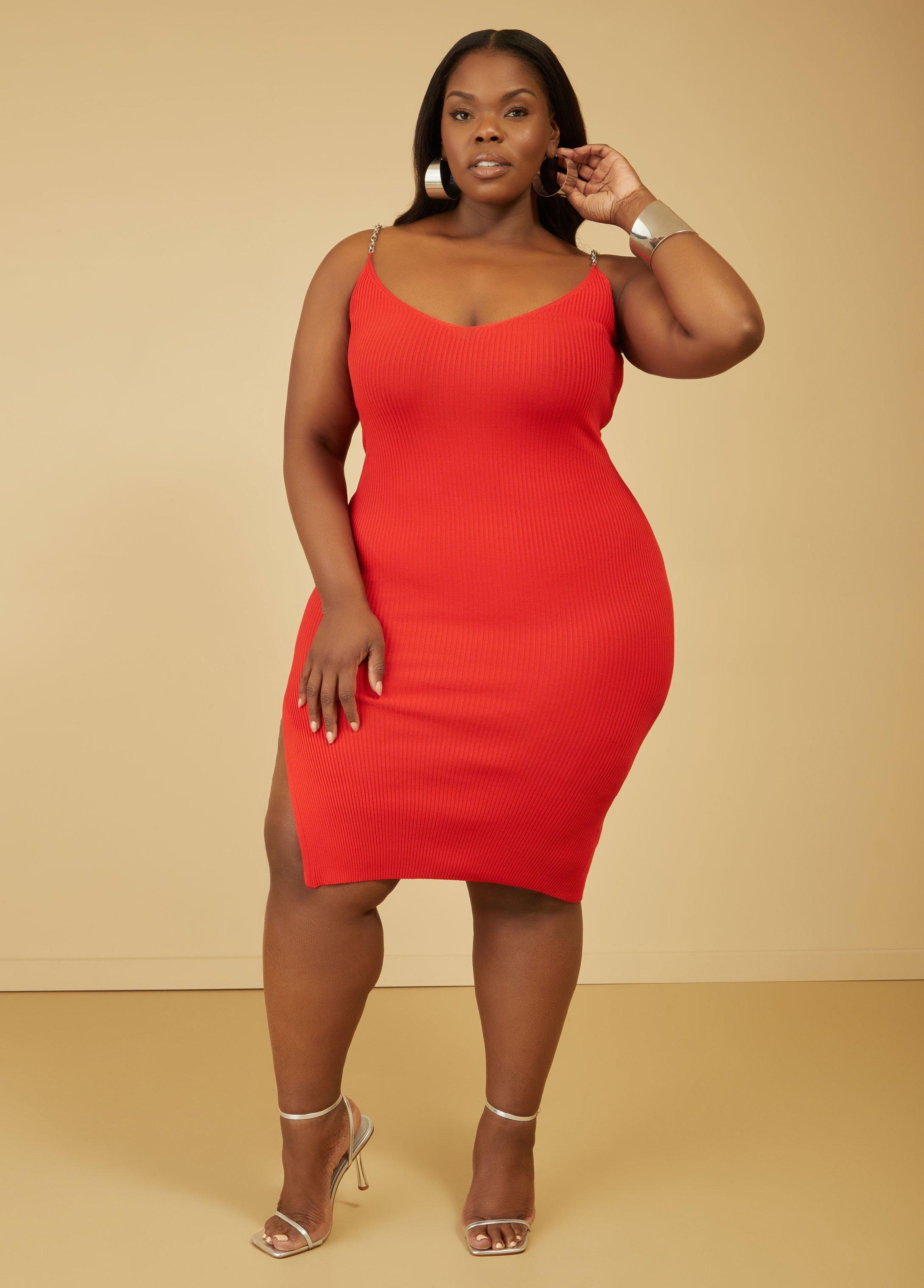 Plus Size Chain Trimmed Ribbed Bodycon Dress Ashley Stewart Product Image