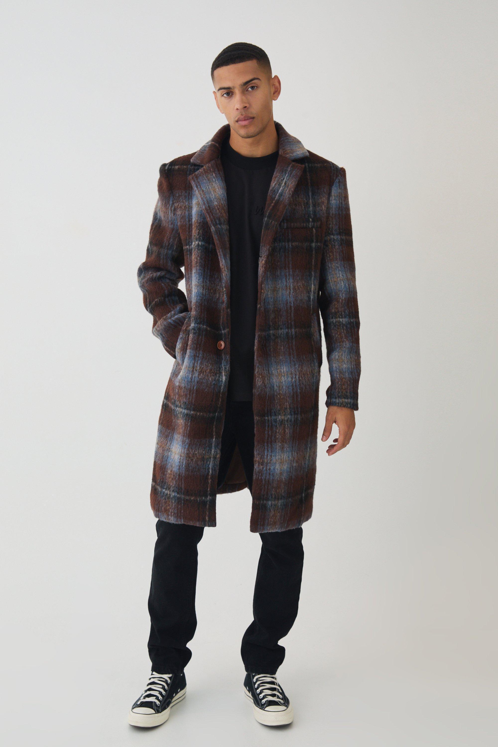 Mens Single Breasted Check Overcoat In Blue, Blue Product Image