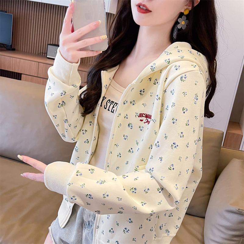 Floral Print Letter Embroidered Zip Hoodie Product Image