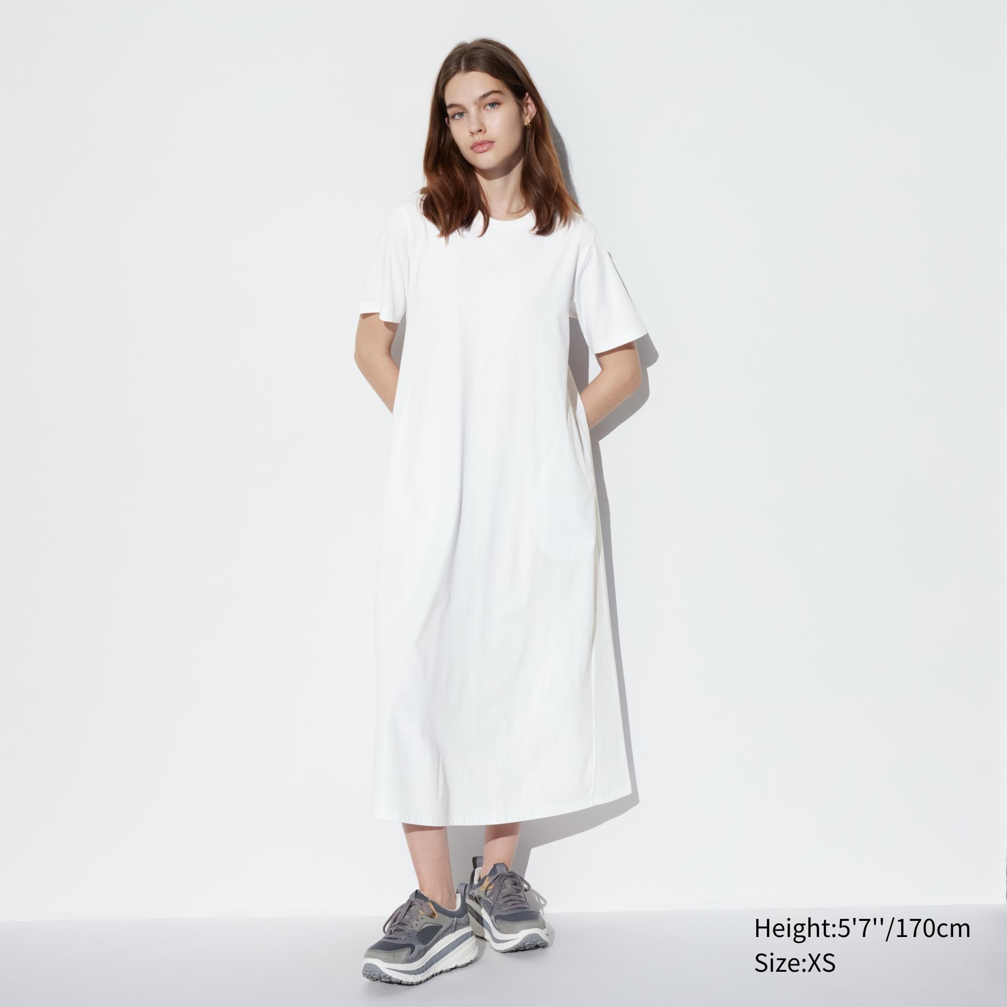 Womens Airism Cotton Short Sleeve T-Shirt Dress with Quick-Drying White Large UNIQLO US Product Image