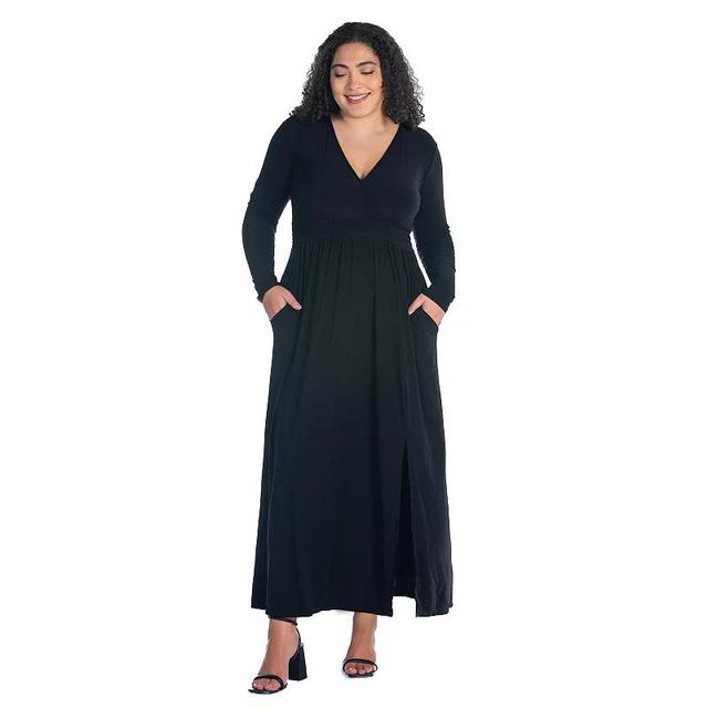 Plus Size 24Seven Comfort Apparel Long Sleeve Side Slit Maxi Dress, Womens Black Product Image