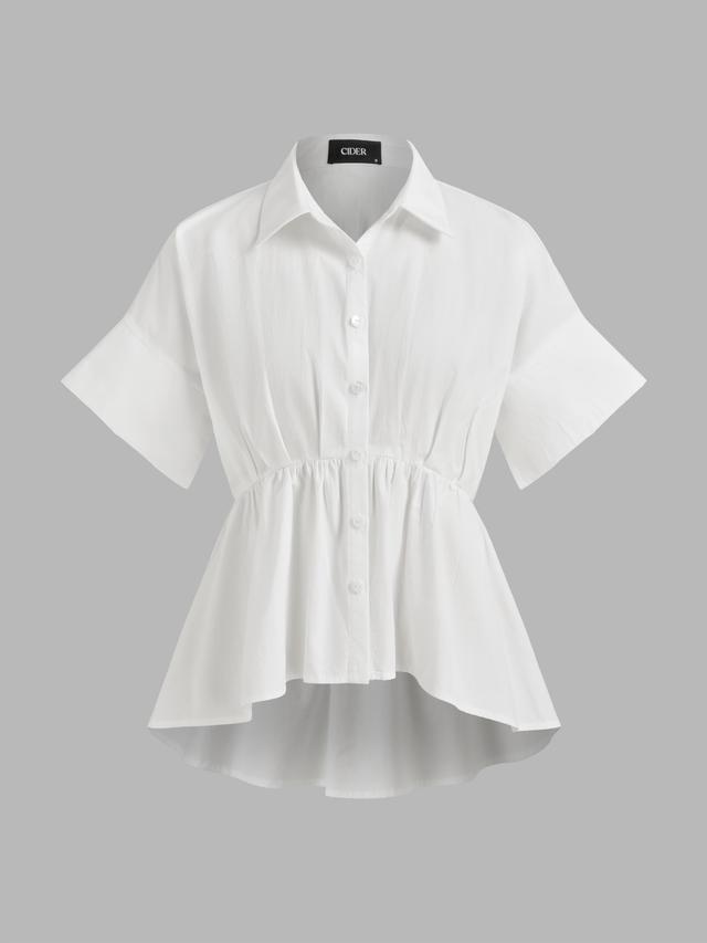 100% Cotton Polo Solid Ruffle Middle Sleeve Shirt Product Image