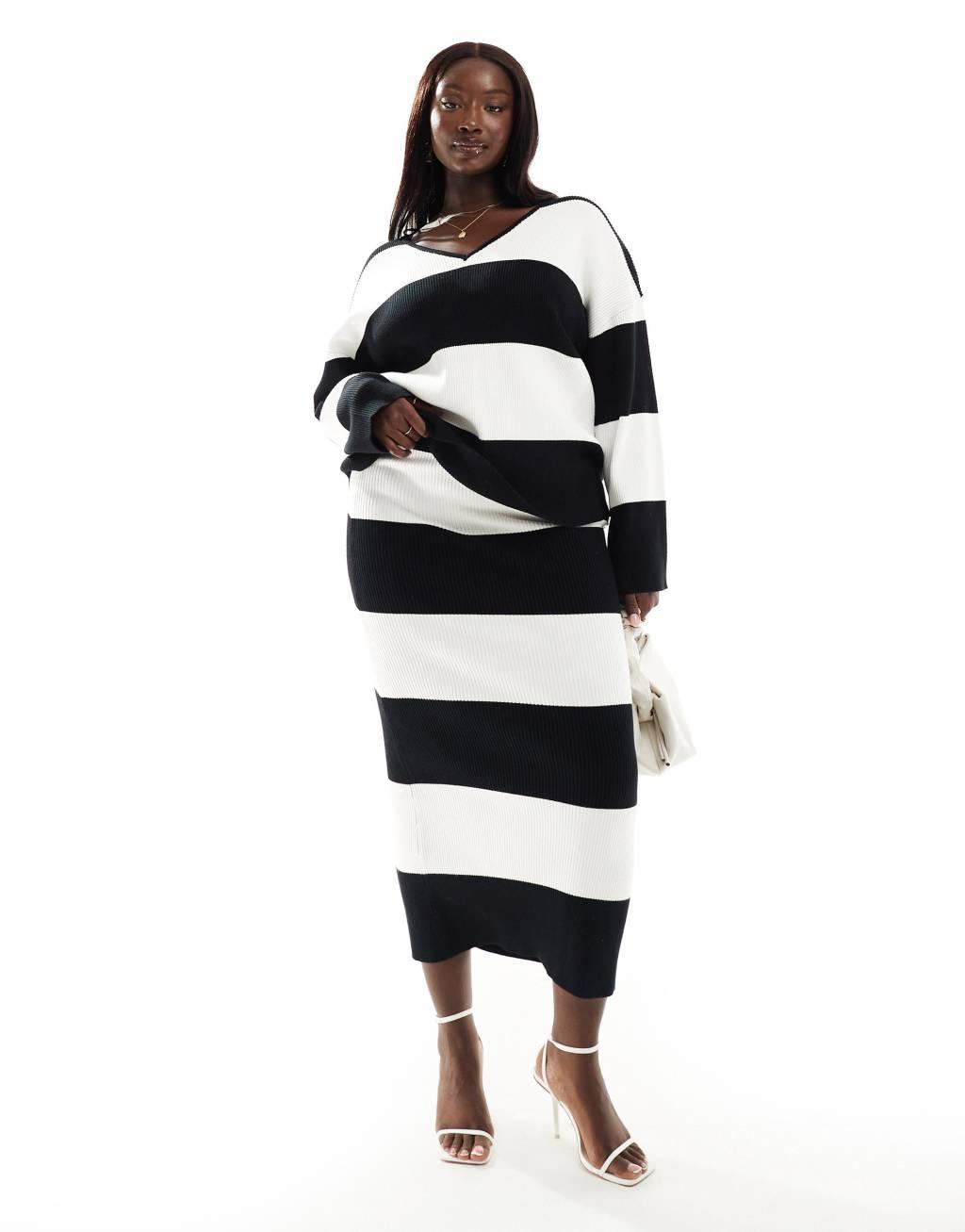 4th & Reckless Plus exclusive knit maxi skirt in black and white stripe - part of a set Product Image