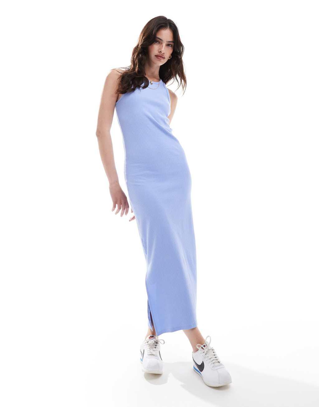 Pieces racer neck maxi dress in blue Product Image