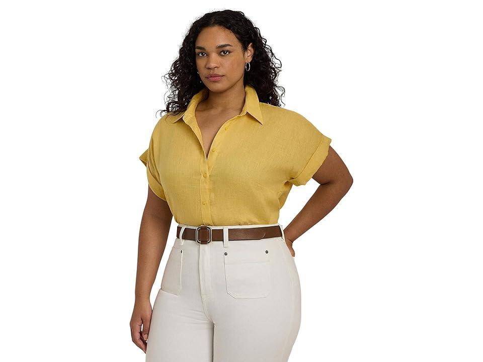 LAUREN Ralph Lauren Plus-Size Linen Dolman-Sleeve Shirt (Primrose ) Women's Clothing Product Image