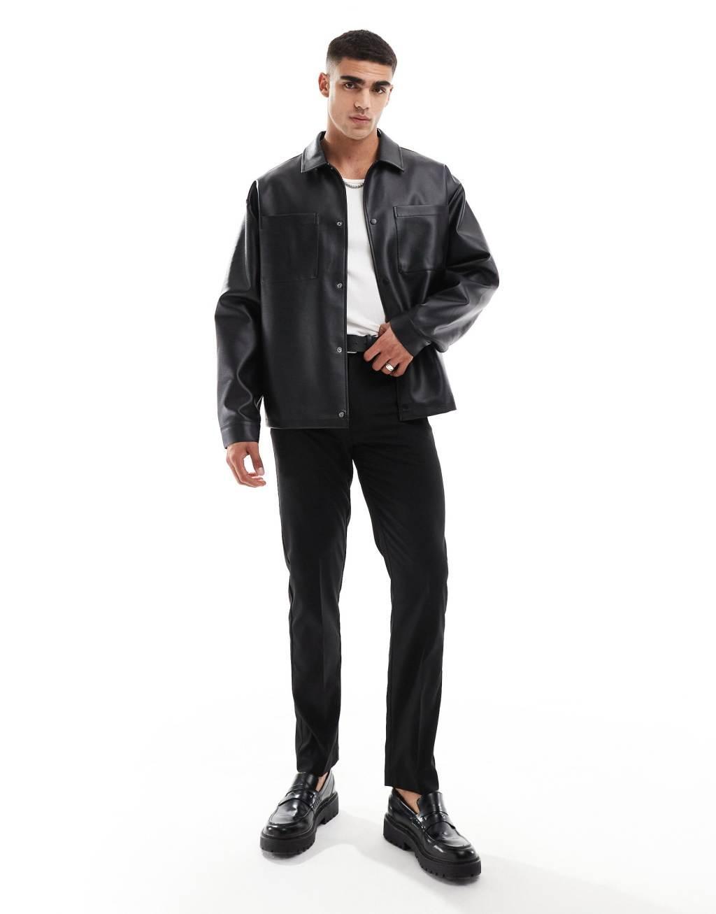 ASOS DESIGN oversized faux leather shacket in black Product Image