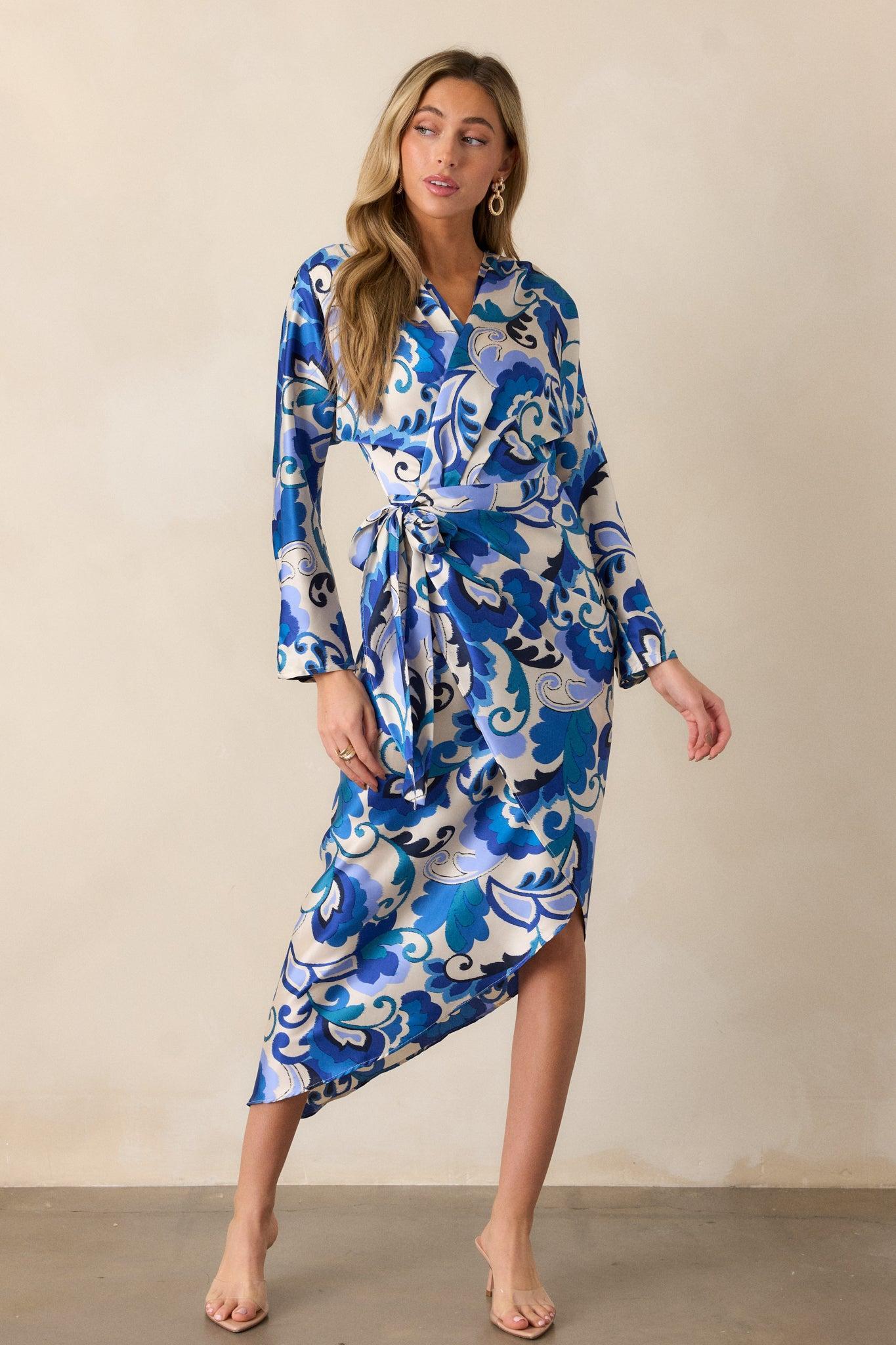 These Moments Blue Floral Wrap Midi Dress Product Image