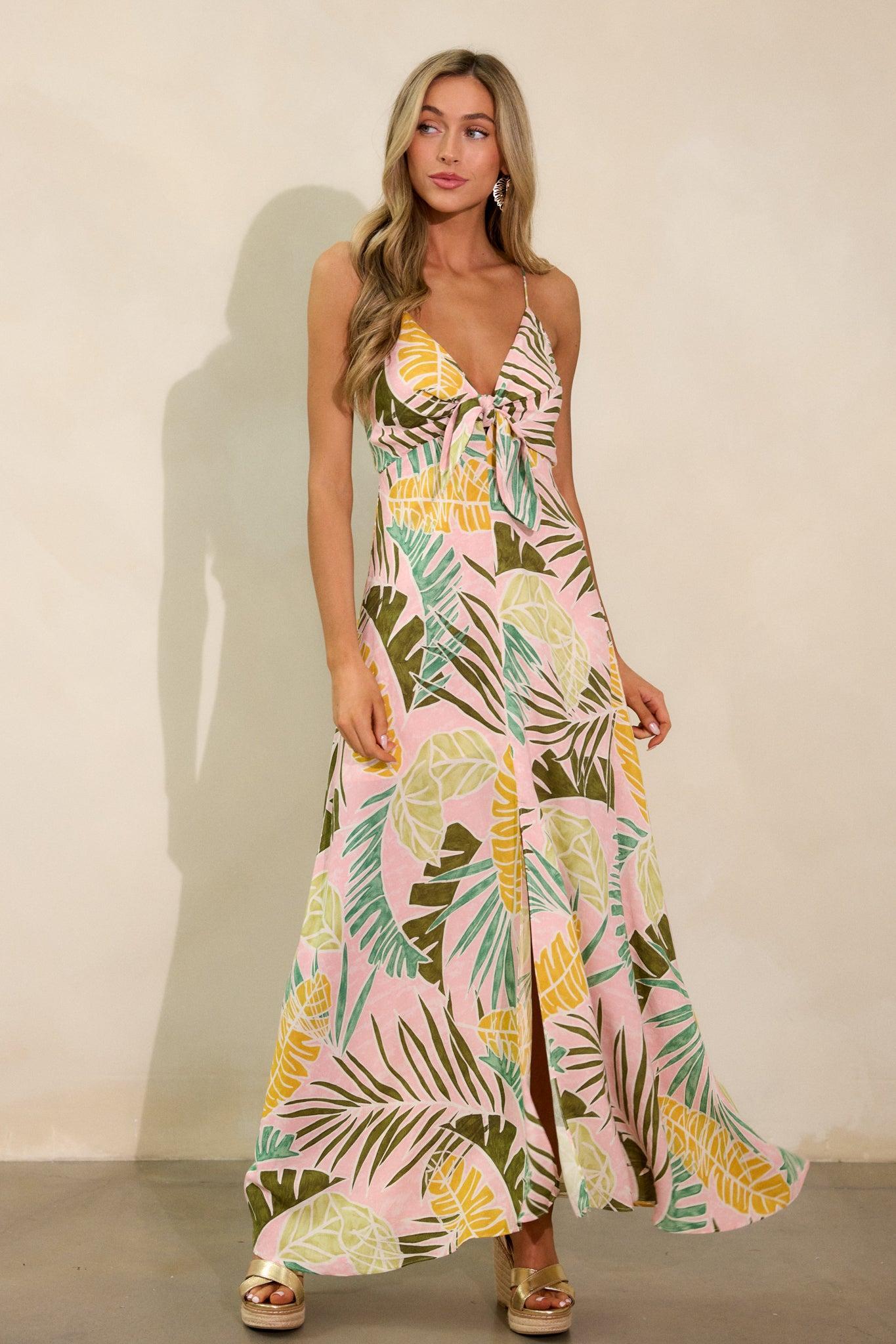 Palm Haven Light Pink Tropical Print Maxi Dress Product Image