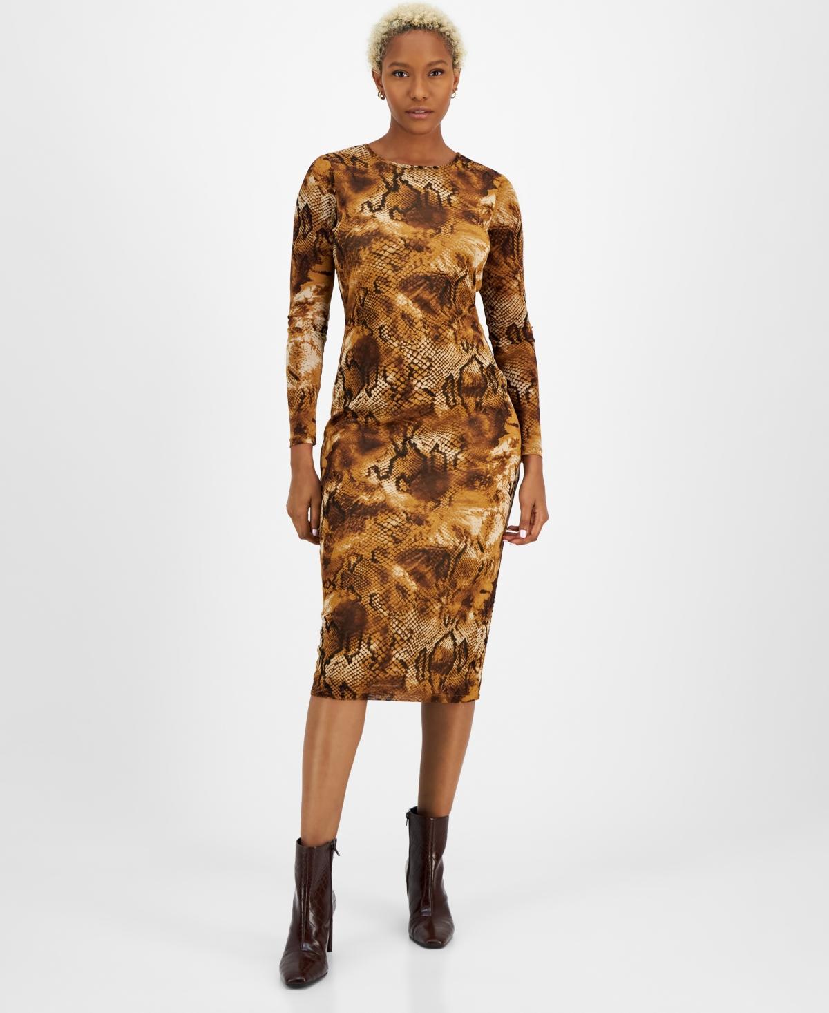 Bar Iii Womens Printed Round-Neck Long-Sleeve Midi Dress, Created for Macys Product Image