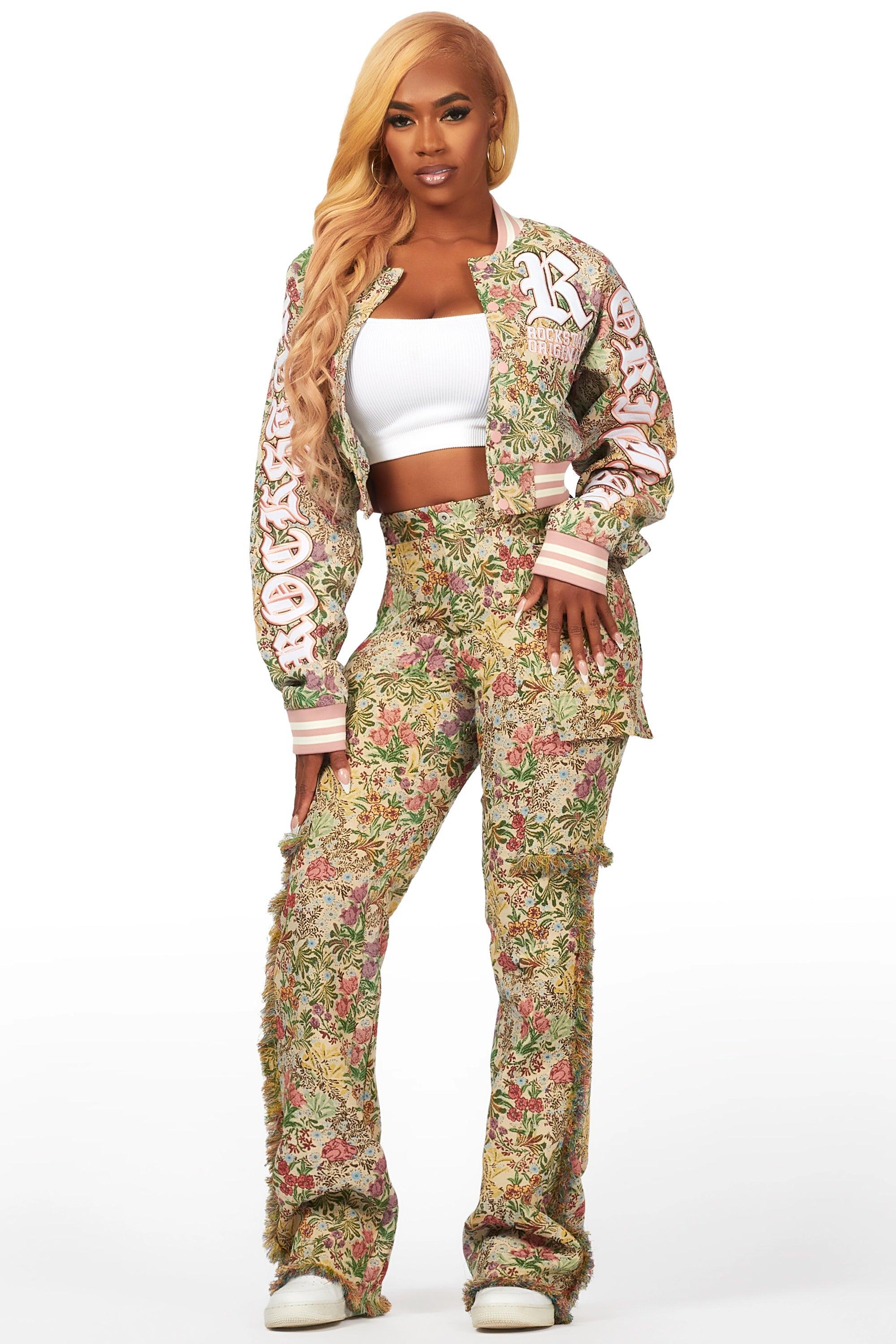 Tamia Beige Floral Tapestry Stacked Pant Female Product Image