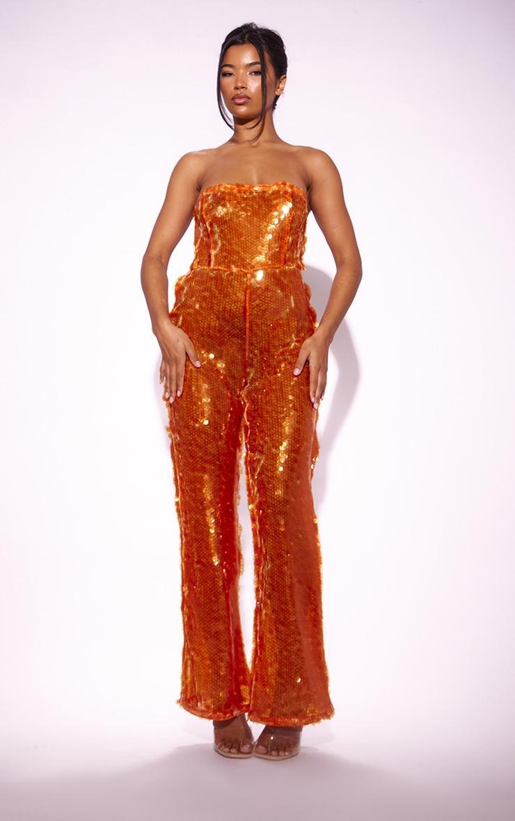 Orange Sequin Bandeau Wide Leg Jumpsuit Product Image