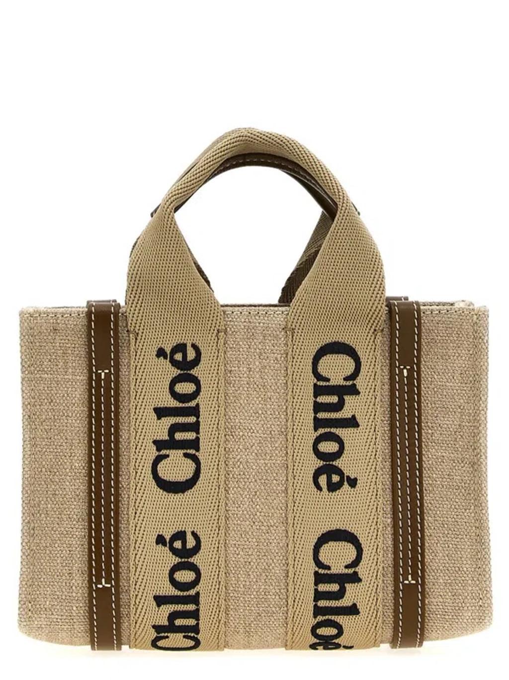 Multicolor Linen Small Woody Shopping Bag In Beige Product Image