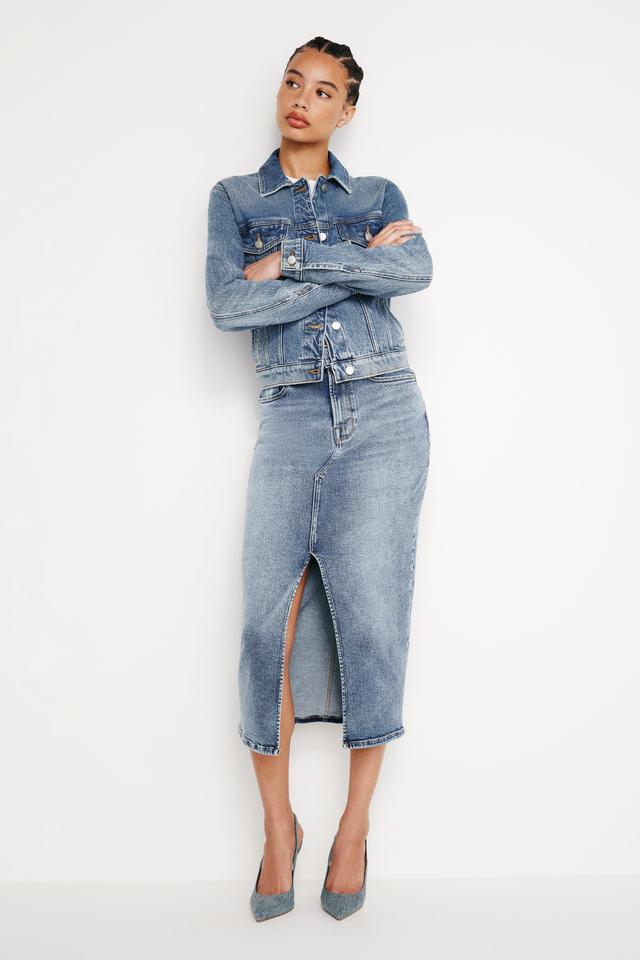 DENIM LIGHT COMPRESSION SLIT MIDI SKIRT | INDIGO734 Product Image