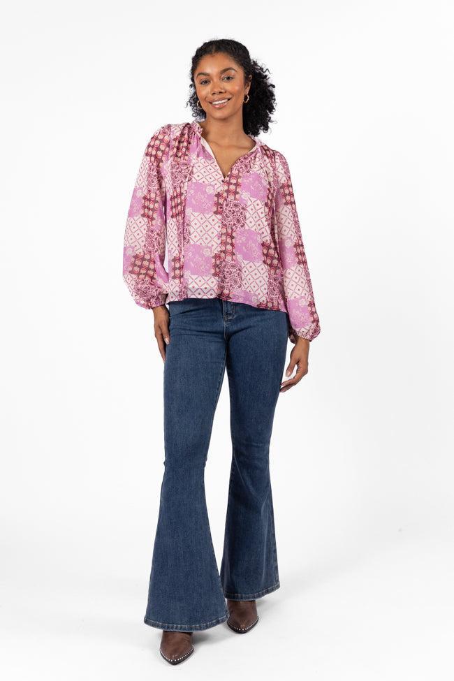 Fade Into You Purple Multi Button Detail Printed Blouse Product Image