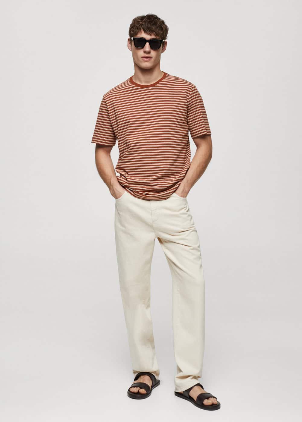 MANGO MAN - Striped cotton linen-blend T-shirt burnt orangeMen Product Image