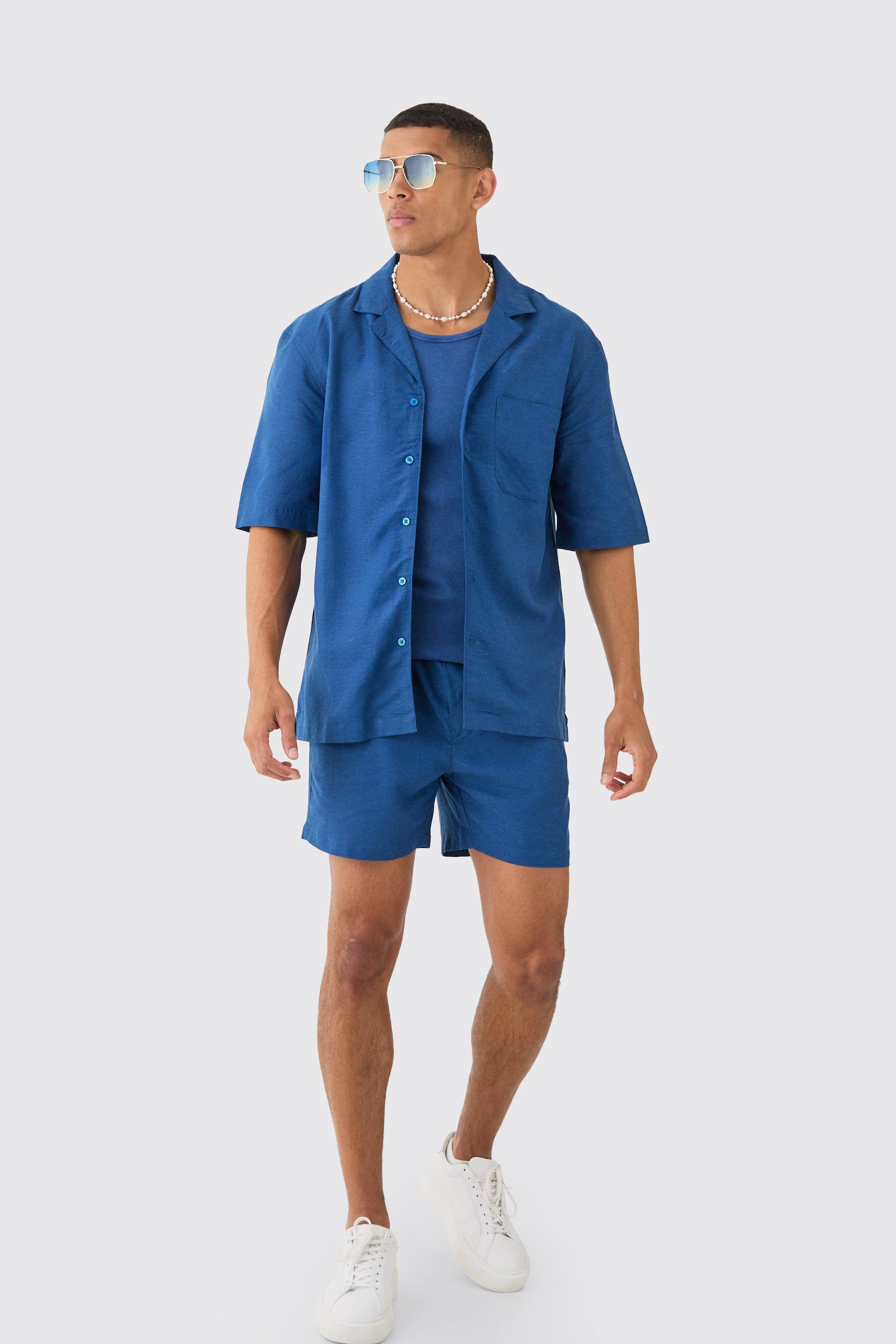 Linen Pocket Detail Shirt & Short Set | boohooMAN USA Product Image