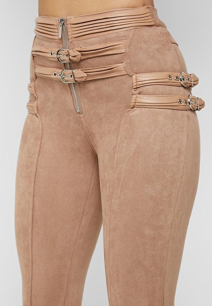 Buckle Detail Vegan Suede Leggings - Beige Female Product Image