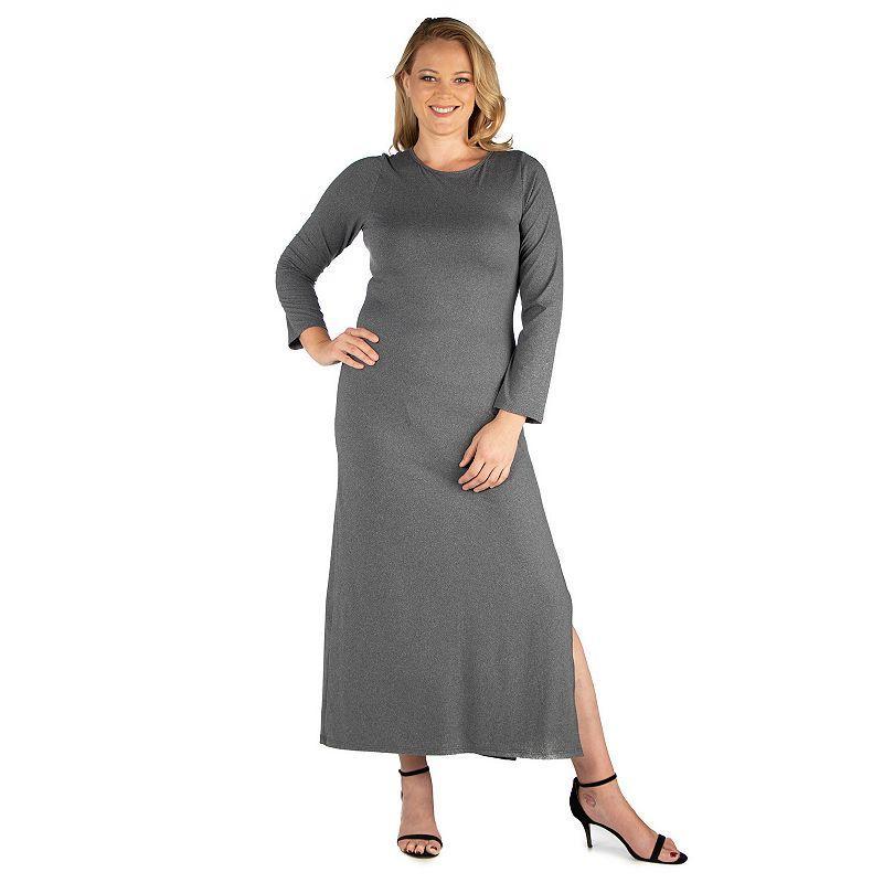 Plus Size 24seven Comfort Apparel Long Sleeve Side Slit Fitted Maxi Dress, Womens Product Image