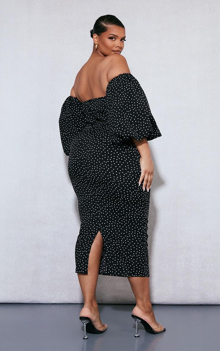 Plus Black Polka Dot Bandeau Puff Sleeve Midi Dress Product Image