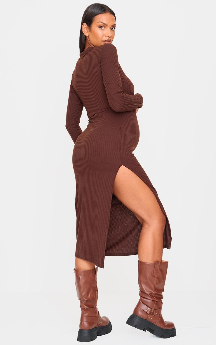 Maternity Dark Chocolate Ribbed Long Sleeve Midi Dress Product Image