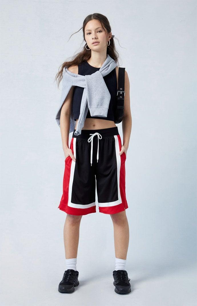 Women's Colorblock Longline Basketball Shorts in Red/Black - Product Image