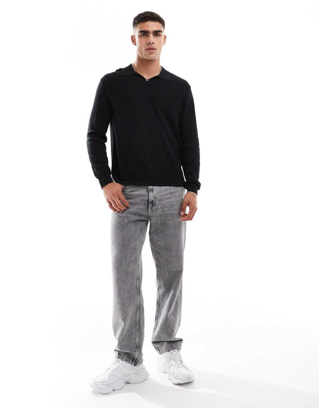 Cotton On long sleeve knitted polo lightweight sweater in black Product Image