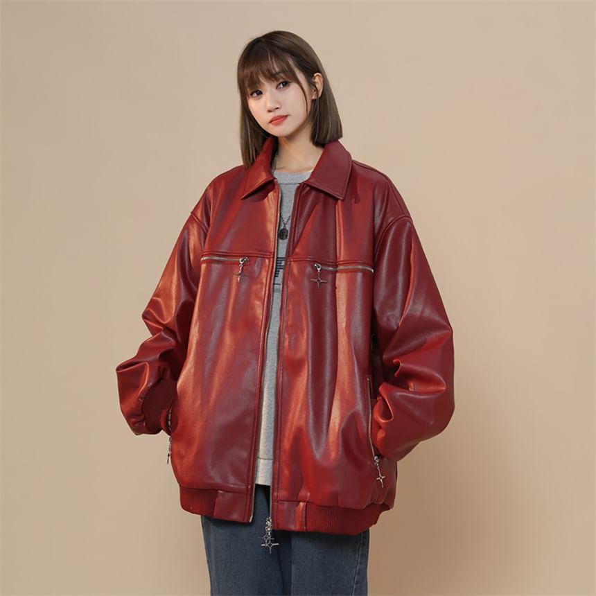 Collared Faux Leather Zip-Up Jacket Product Image