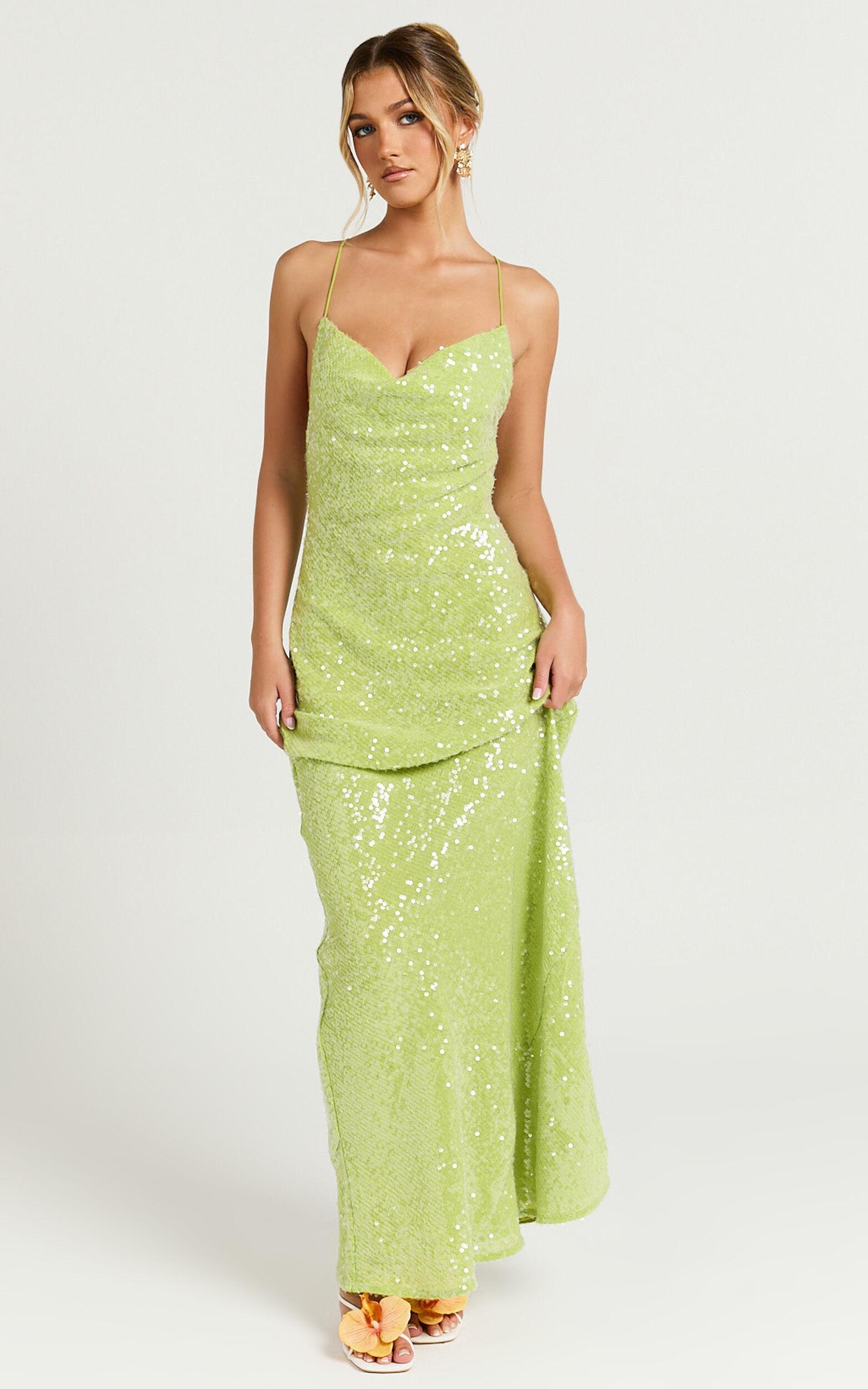 Payton Maxi Dress - Cowl Neck Low Back Dress in Green Product Image