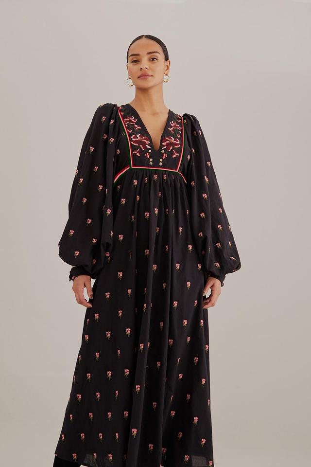 Black Floral Embroidered V Neck Maxi Dress, BLACK / XS Product Image