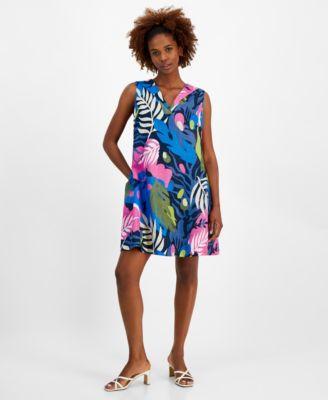 Women's 100% Linen Palm-Print Dress, Created for Macy's Product Image