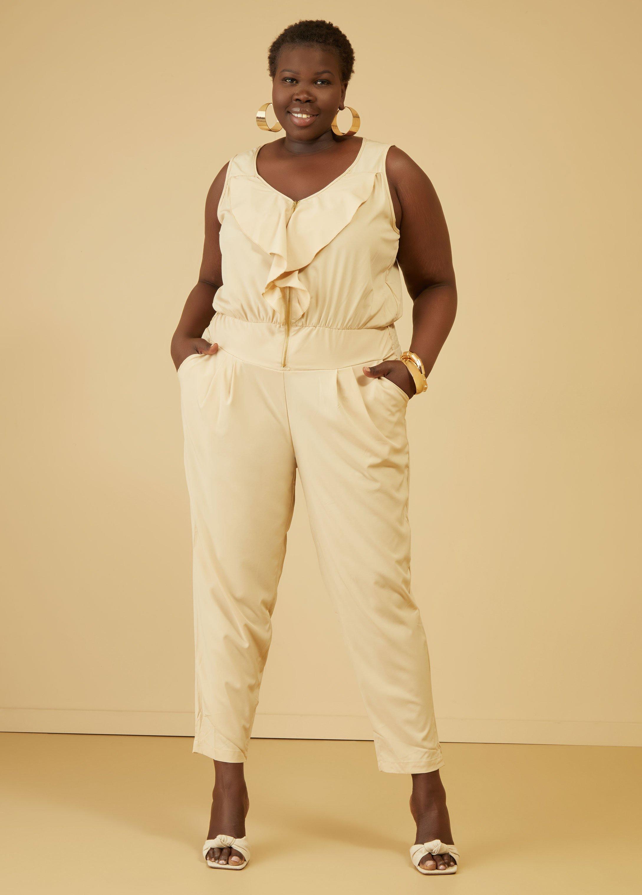 Plus Size Ruffle Trimmed Tapered Jumpsuit Ashley Stewart Product Image