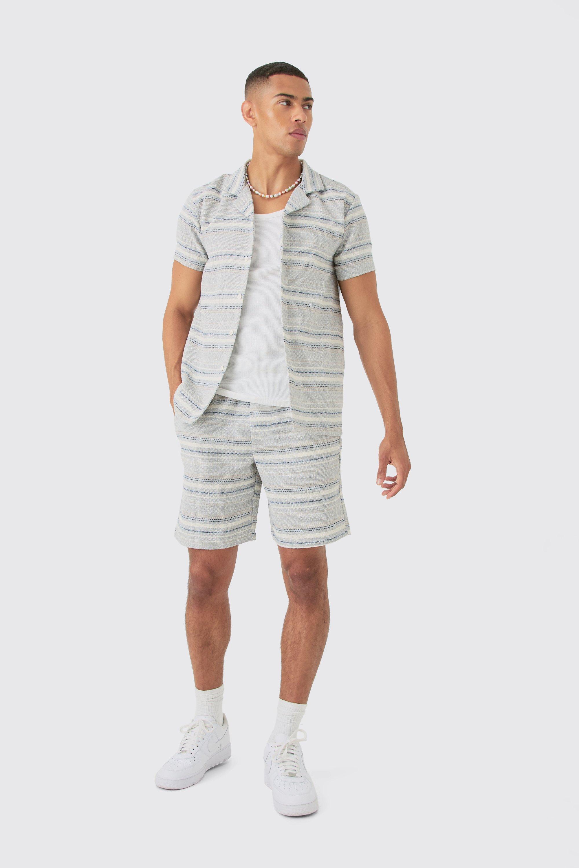 Short Sleeve Textured Stripe Shirt & Short Set | boohooMAN USA Product Image