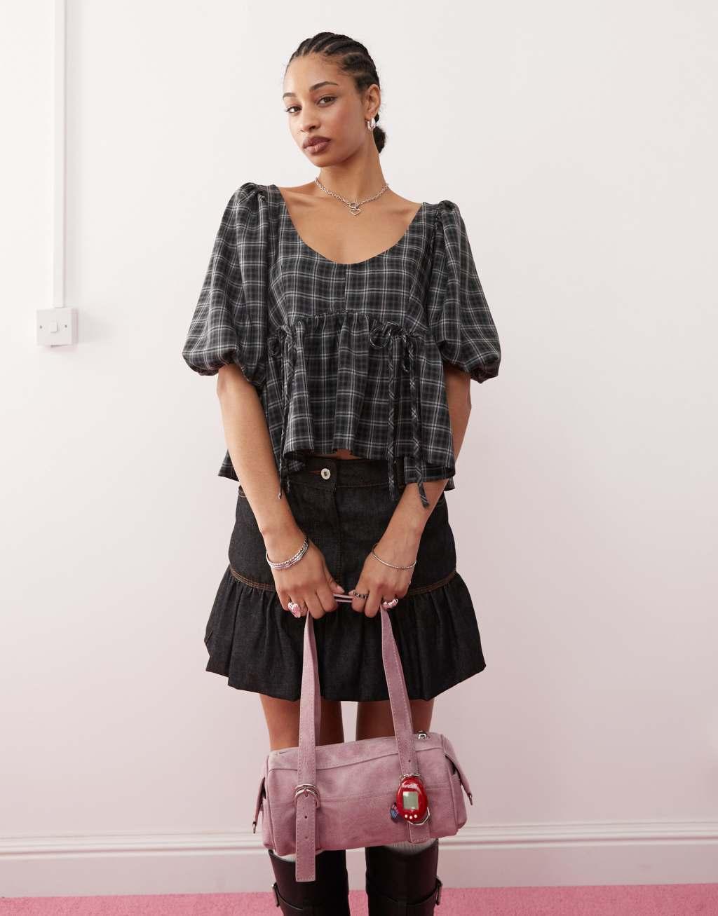 COLLUSION puff sleeve smock top with bunny tie detail in gray plaid Product Image