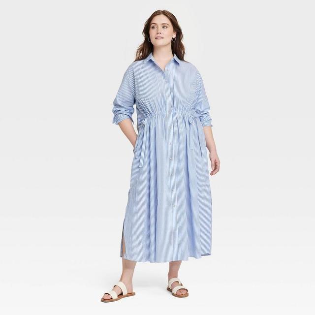 Womens Long Sleeve Cinch Waist Maxi Shirtdress - Universal Thread Blue Striped XXL Product Image