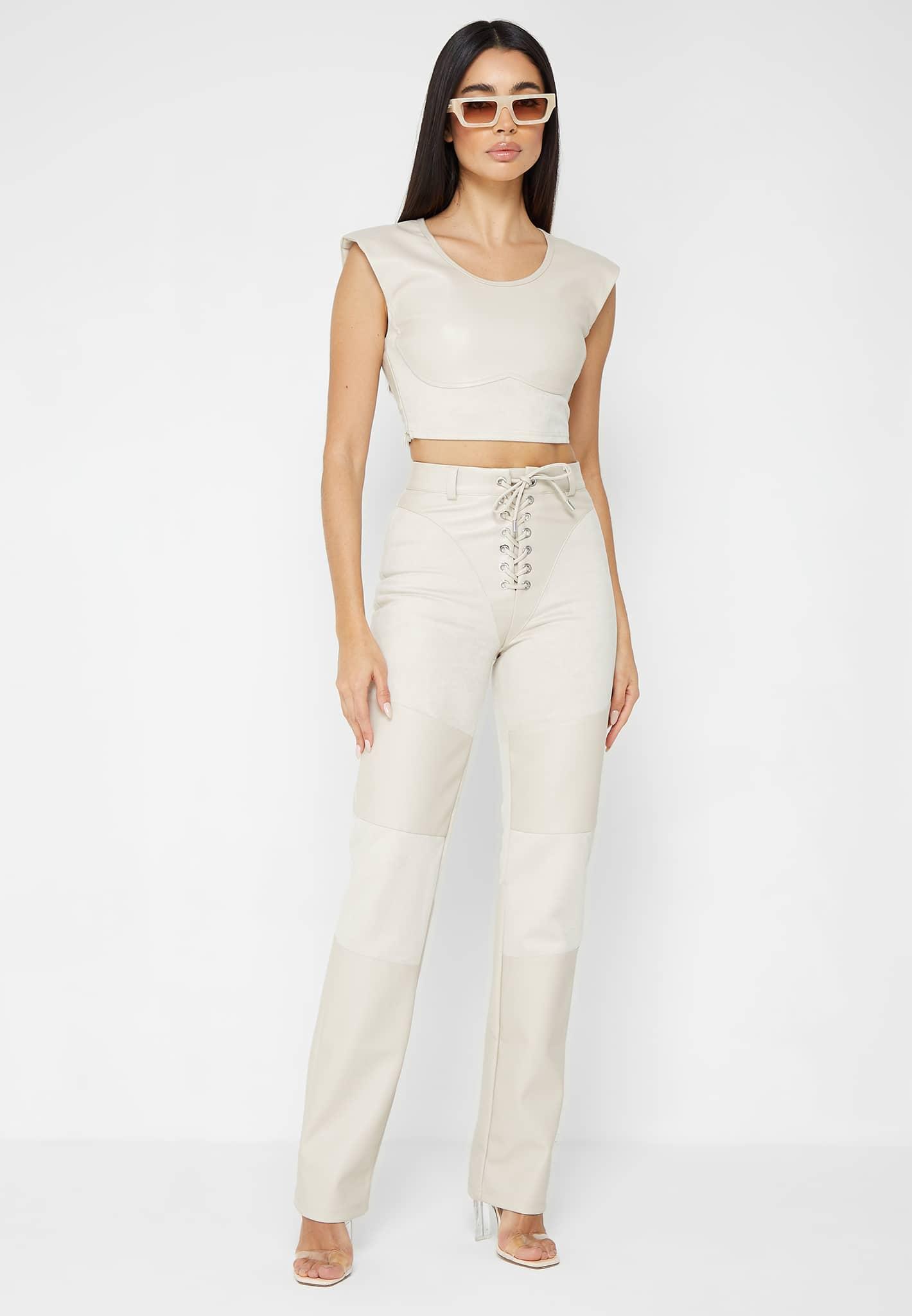 Wide Shoulder Leather and Suede Crop Top - Beige Female Product Image