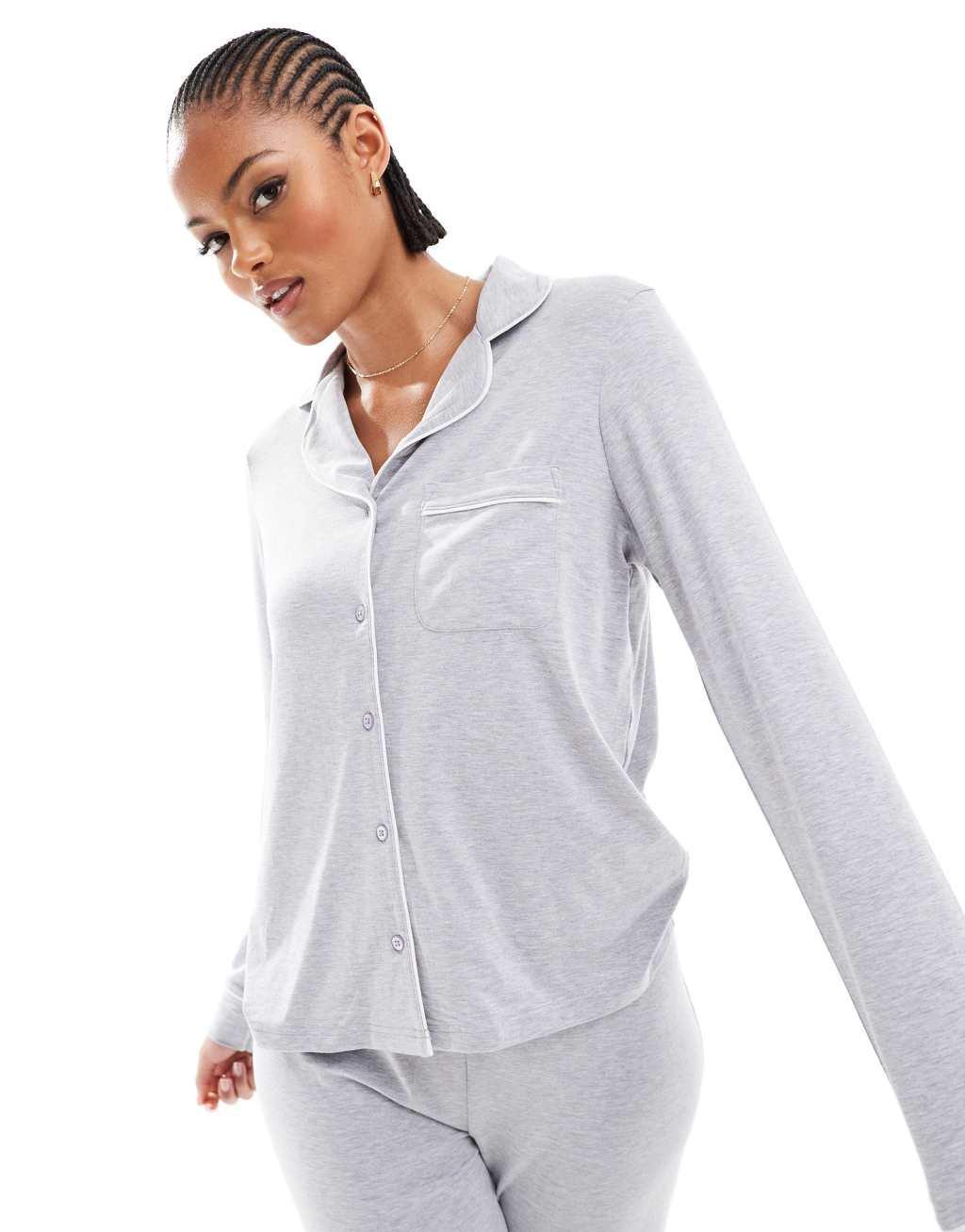 ASOS DESIGN Tall super soft long sleeve shirt & pants pajama set with contrast piping in gray Product Image