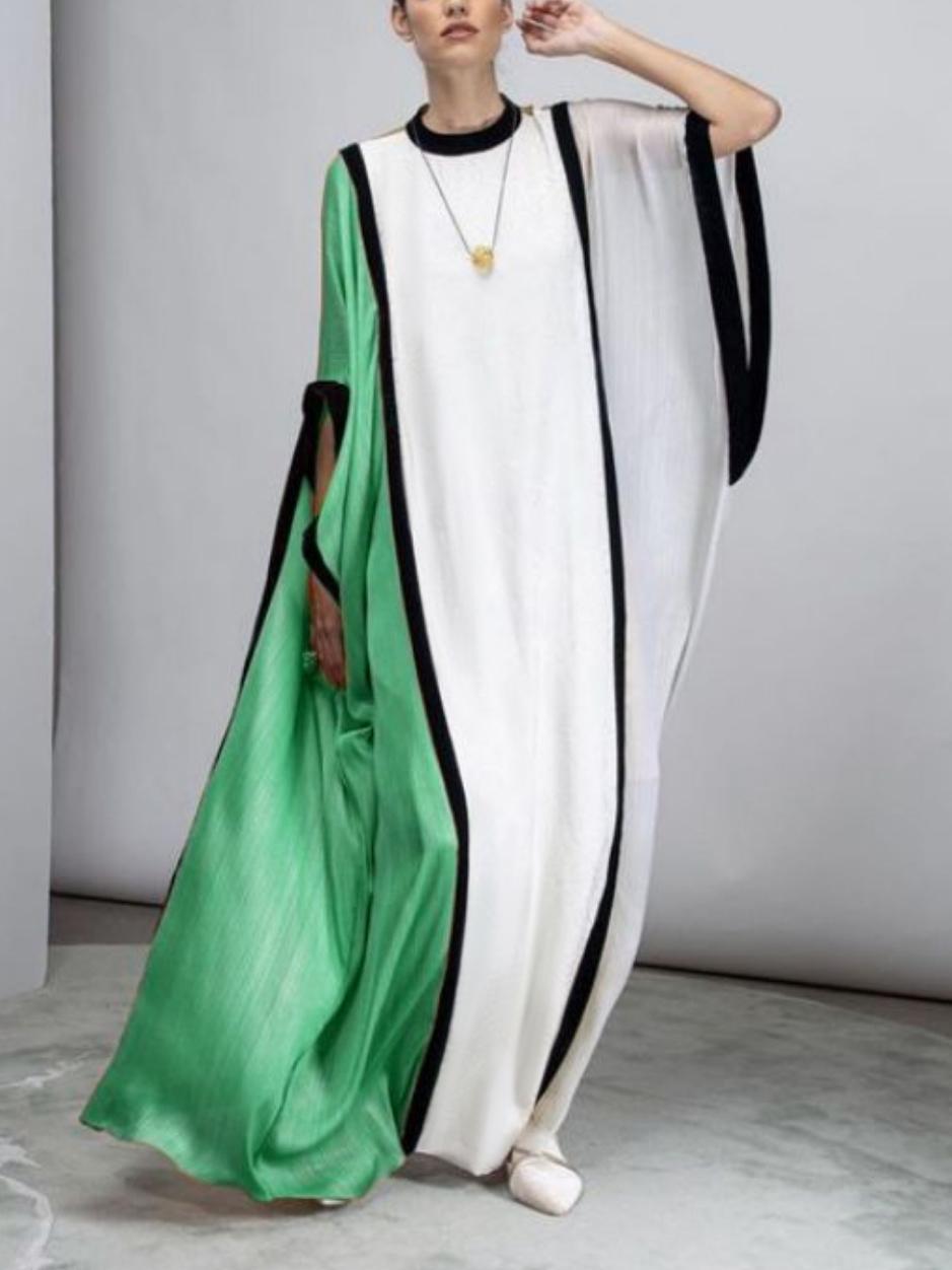 Batwing Sleeves Half Sleeves Contrast Color Split-Joint Round-Neck Maxi Dresses Product Image