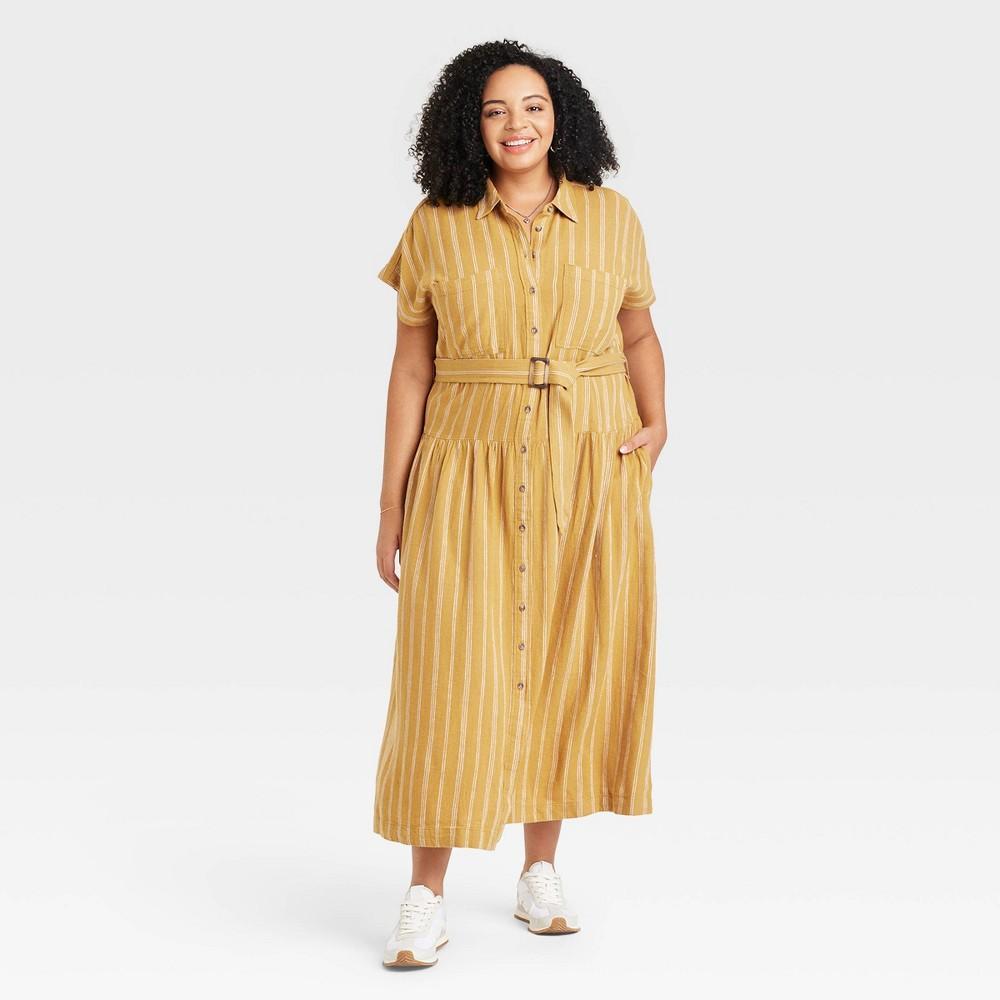 Womens Short Sleeve Belted Midi Shirtdress - Universal Thread Yellow Striped 1X Product Image