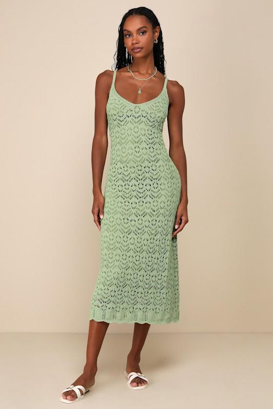 Sunset Vibes Green Crochet Sleeveless Midi Dress Product Image