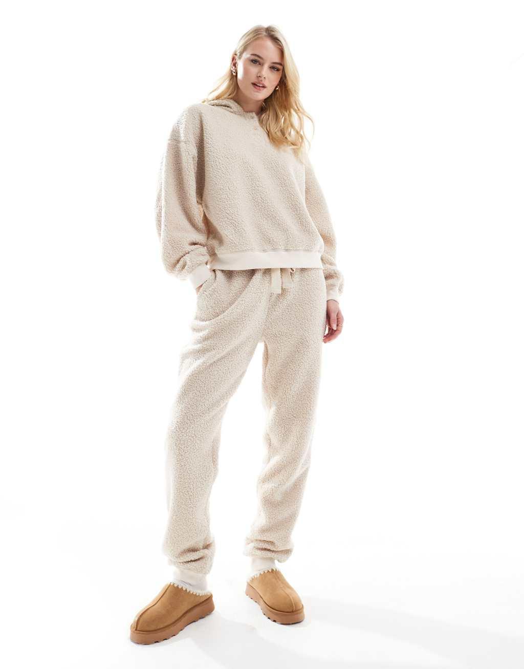 ASOS DESIGN Tall lounge borg oversized hoodie & sweatpants set in cream Product Image