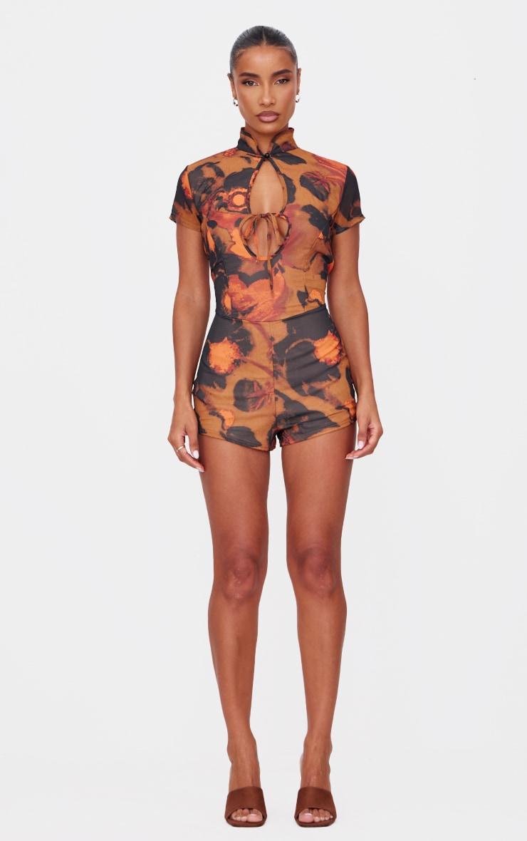 Multi Print Keyhole Cut Out Tie Romper Product Image