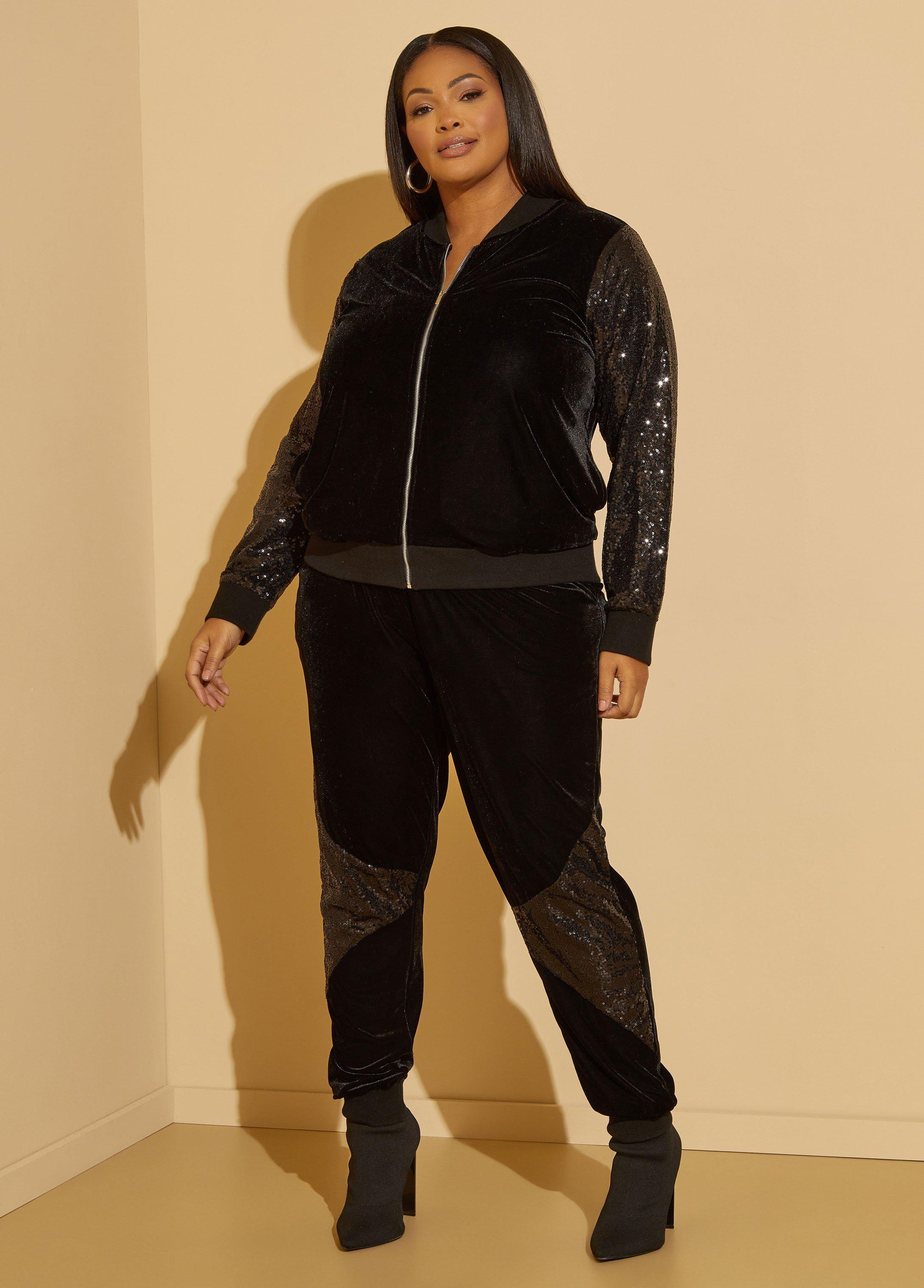 Plus Size Sequined Paneled Velour Jacket Ashley Stewart Product Image