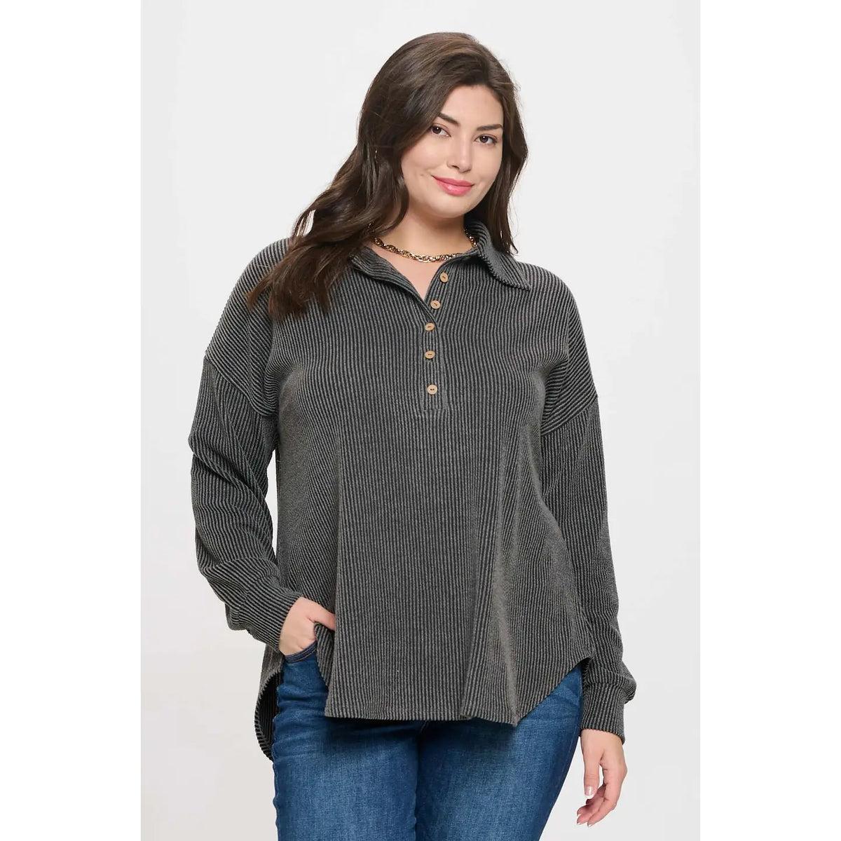 Charcoal Plus Pinstripe Collared Half Button Knit Top Product Image