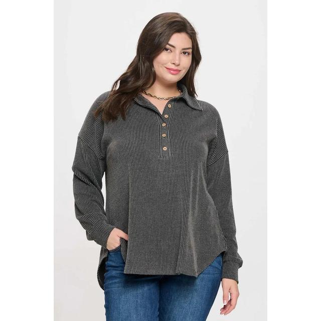 Charcoal Plus Pinstripe Collared Half Button Knit Top Product Image