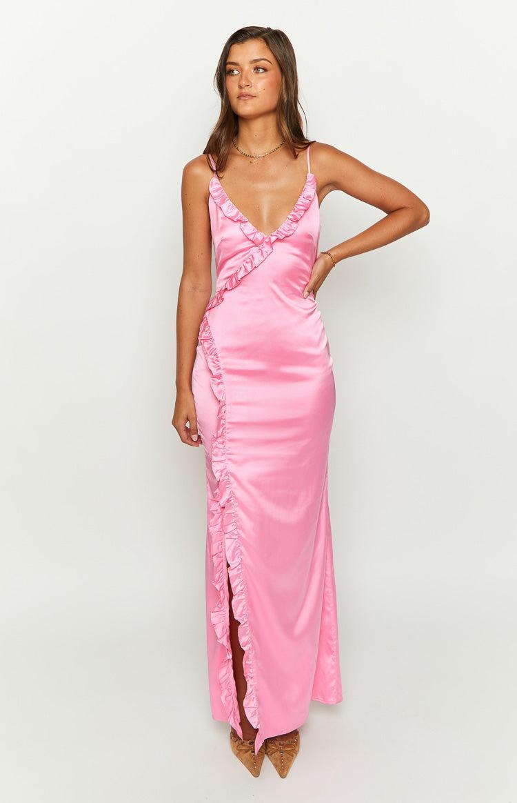 Nahanee Pink Satin Ruffle Maxi Dress Product Image