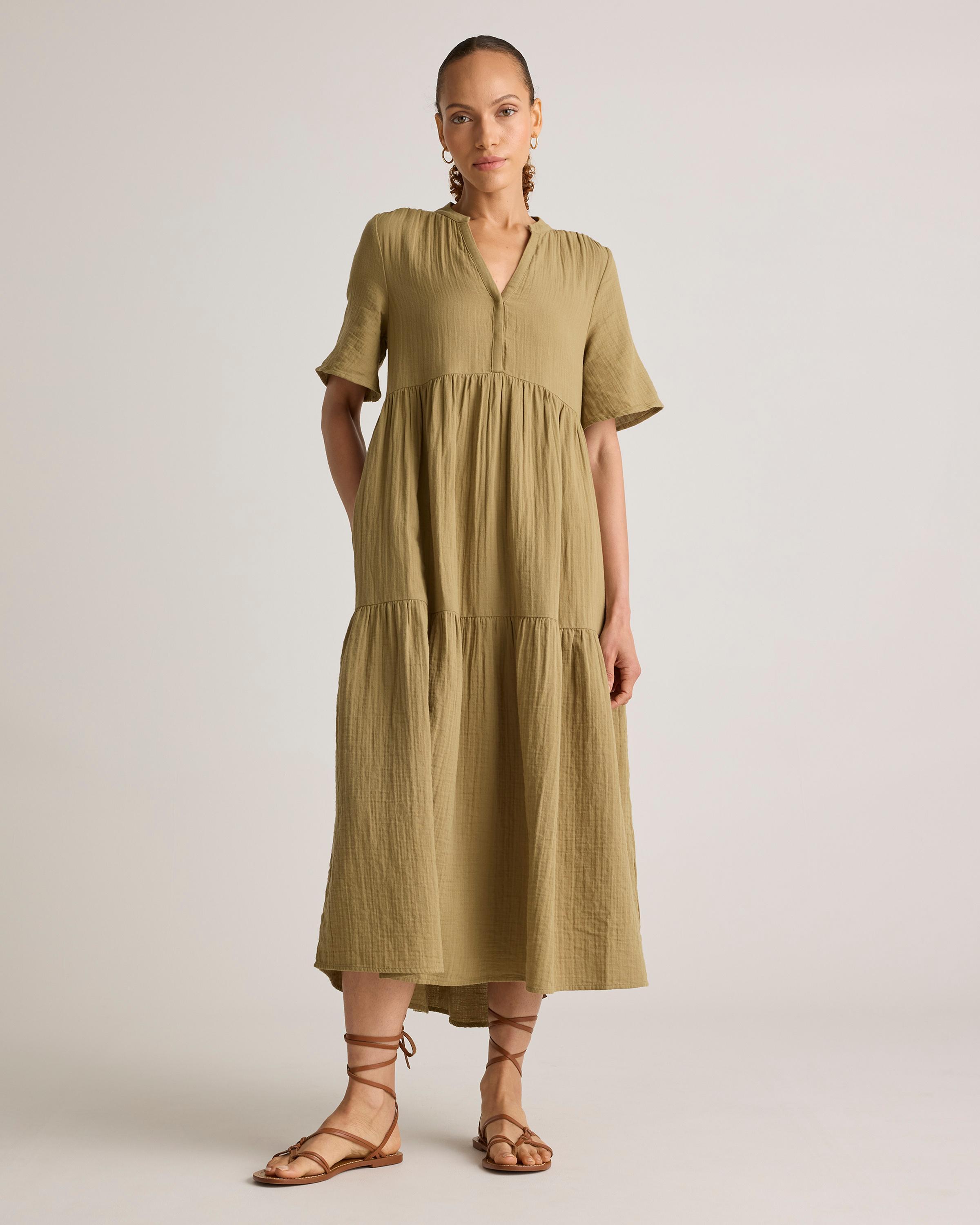 100% Organic Cotton Gauze Split Neck Midi Dress Product Image