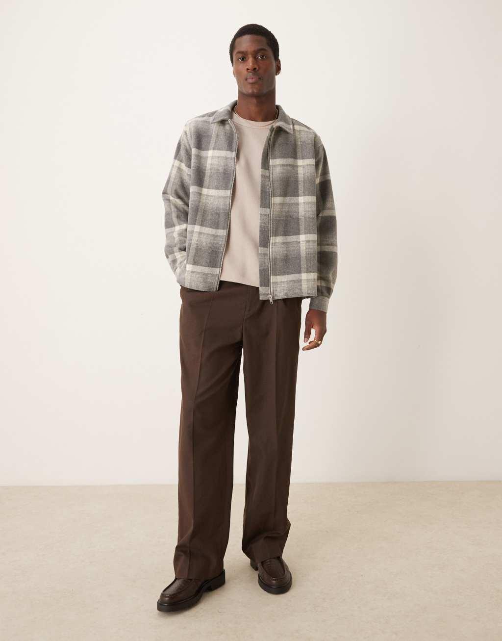 ASOS DESIGN relaxed boxy zip through shacket in gray brushed check Product Image