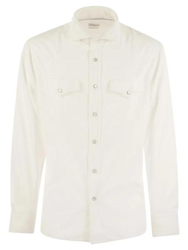 Garment Dyed Corduroy Easy Fit Shirt With Press Studs, Epaulettes And Pockets In Neutral Product Image