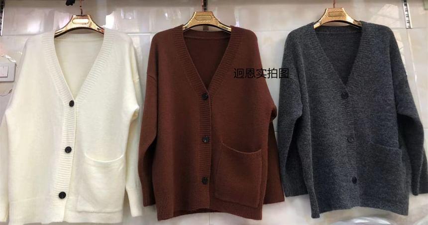 V-Neck Plain Button-Up Cardigan Product Image