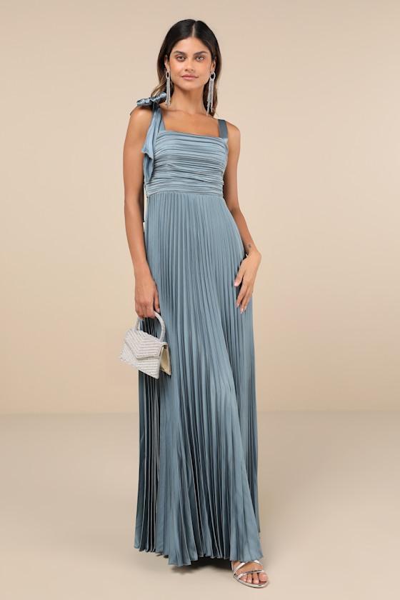 Gorgeous Purpose Slate Satin Pleated Sleeveless Bow Maxi Dress Product Image